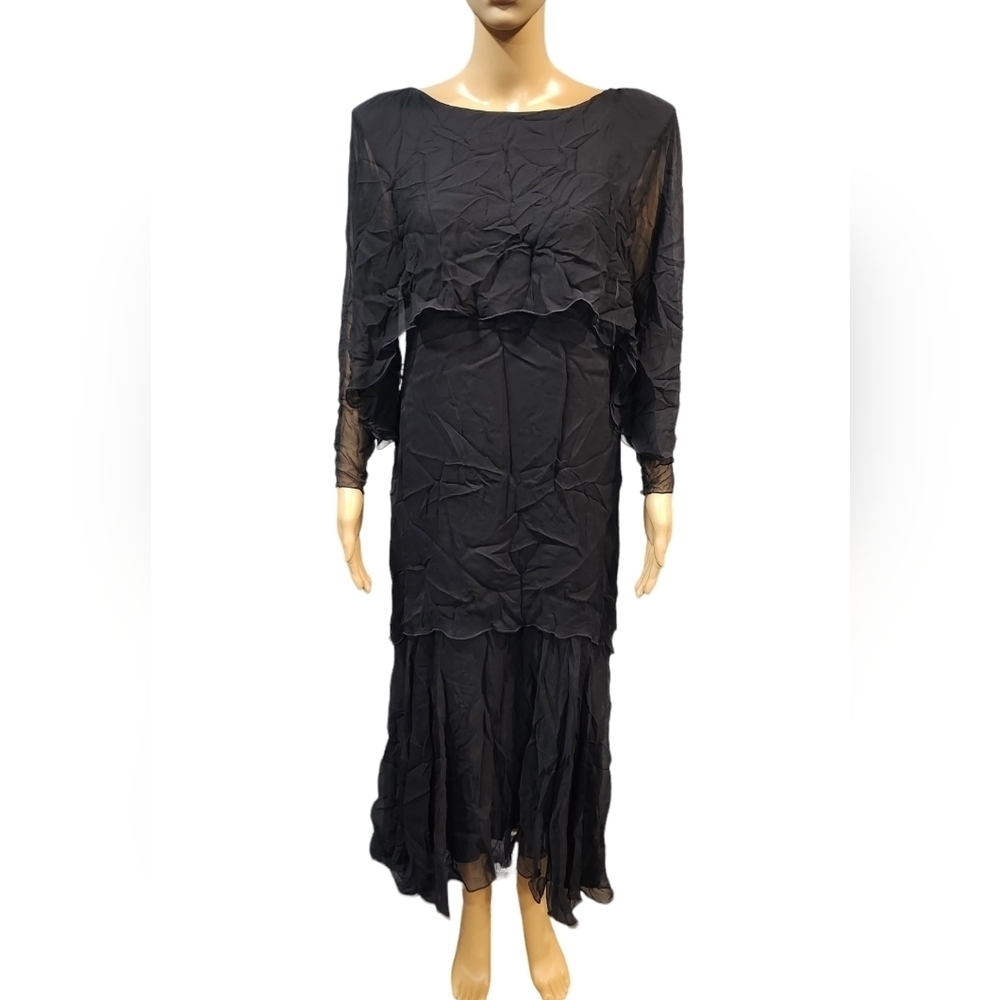 Vintage Holly's Harp 1960's women black silk overlay layered cape formal dress M